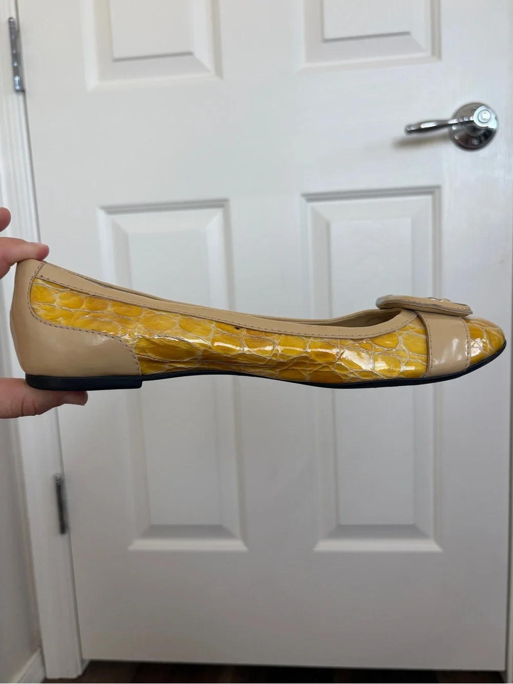 Antonio Melani Yellow Crocodile Leather Buckle Flats